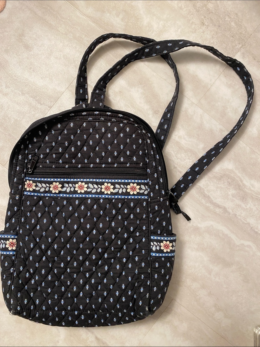 Vera Bradley Navy Quilted Backpack with Blue and Cream Floral Trim